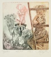 Hartung Sándor (1962- ): Pegazus. Színes rézkarc, papír, jelzett, 13×13 cm