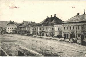 Nagybánya, Baia Mare; Fő tér, Steinfeld, Troplovits Márton, Wunteszhagen Ödön, Boda, Máday üzletei. Frankovits A. kiadása / main square, shops (EK)