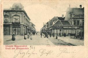 Nagyvárad, Grosswardein, Oradea; Zöldfa utca, Schlosser C. és Moskovits Szidor üzlete / Grünebaumgasse / street view with shops (kopott sarkak / worn corners)