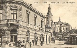 Zilah, Zalau; utcakép, református templom, Stern R. és Materny János üzlete / street view, Calvinist church, shops (EK)