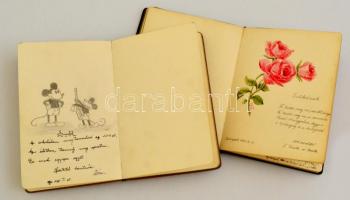 1934-1938 Két db régi emlékkönyv, színes rajzokkal, idézetekkel