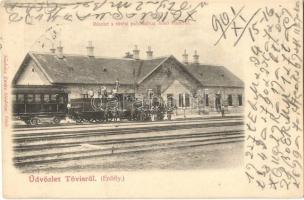 Tövis, Teius; vasútállomás felső része, gőzmozdony, vasutasok, vagonok. Szabolcs Endre kiadása / railway station, locomotive, railwaymen