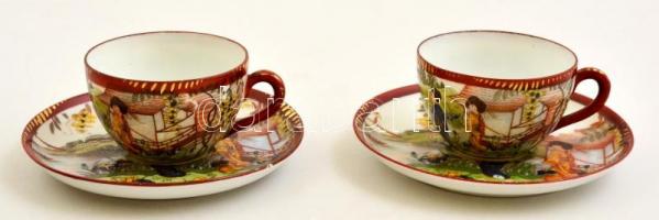 2 db kínai porcelán csésze+alj, matricás, jelzett, kis kopásokkal, d: 6,5 ill. 11 cm