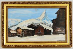 Börcsök jelzéssel: Tél a hegyekben, tempera, karton, üvegezett fa keretben, 21×35,5 cm
