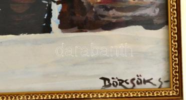 Börcsök jelzéssel: Tél a hegyekben, tempera, karton, üvegezett fa keretben, 21×35,5 cm