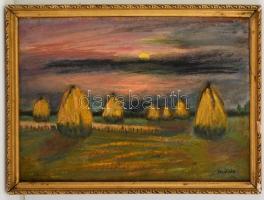 Mikola jelzéssel: Szénaboglyák, olaj, farost, keretben, 29×41,5 cm