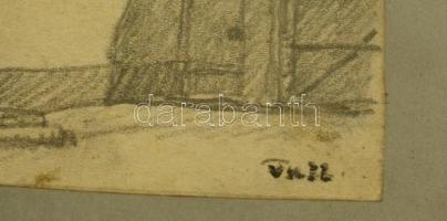 Zórád jelzéssel: Falusi udvar, ceruza, papír, üvegezett fa keretben, 13×10 cm