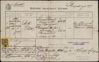 1926 Házassági anyakönyvi kivonat 10.000K okmánybélyeggel + 4.000, 10.000, 20.000K Budapest városi okmánybélyegekkel hozzá a vőlegény születési anyakönyvi kivonatának másolata