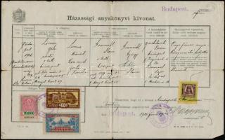 1926 Házassági anyakönyvi kivonat 10.000K okmánybélyeggel + 4.000, 10.000, 20.000K Budapest városi o...