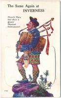 Inverness, The same again at Inverness. Scottish piper with whiskey barrel. Valentines Mail Novelty leporellocard
