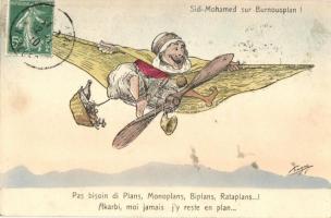 Sidi-Mohamed sur Burnousplan! / Arabian man on aircraft, humour, TCV card s: Chagny