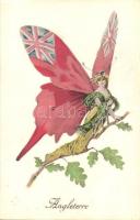 Angleterre / British flag on the wings of a butterfly lady. Editions Aux Allies Paris. Helio L. Géligné No. 17. (EK)