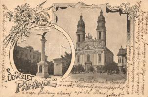 1898 Pápa, Honvéd szobor, Római katolikus templom, Református iskola, színház, floral, Art Nouveau. Gróf Esterházy Miklósnak címzett képeslap a nevelőjétől