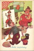 8 db RÉGI humoros grafikai motívumlap / 8 pre-1945 Hungarian humorous graphic art motive cards