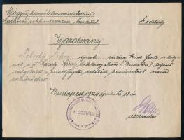 1920 Bp., A Magyar Honvédelmi Minisztérium Katonai Rokkantellátási Hivatala által kiállított igazolvány