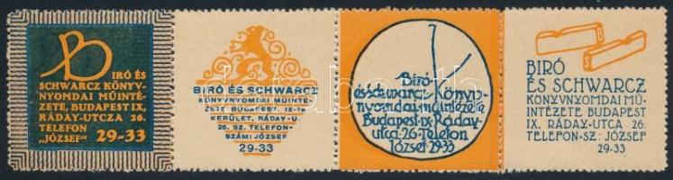 1910 Bíró és Schwarz Könyvnyomdai Műintézet 4 klf levélzáró négyescsíkban