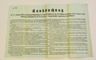 1859 Buda, Hirdetés dohánylevelek beváltási áráról az 1859-1961. termesztési évekre