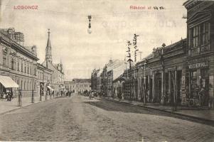 Losonc, Lucenec; Rákóczi út, Weiss Berthold, Schönwald Lipót, Váradi Gyula és Lengyel Gyula üzlete / street with shops (kis szakadás / small tear)