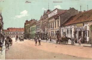 Losonc, Lucenec; Rákóczi utca, Kerekes és Fiala, Stellner, Váradi Gyula és Lengyel Gyula üzlete, Bécsi és Fonciere biztosító társaság / street with shops, insurance companies