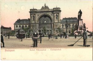 Budapest VII. Keleti (Központi) pályaudvar, virágárus, villamos, utcasöprő