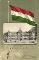 Brassó, Kronstadt, Brasov; M. kir. igazságügyi palota. Magyar zászlós litho keret / Palace of Justice. Hungarian flag litho frame (EK)