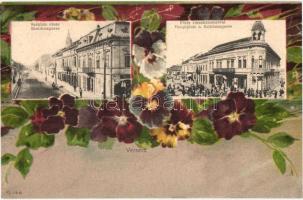 Versec, Vrsac; Székház és Városház utca, Fő tér, üzletek. Virágos litho keret ibolyákkal. Kehrer Lajos kiadása / street views with shops. Floral litho frame with violets