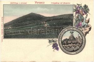 Versec, Vrsac; Szőlőhegy és várrom. Címeres képeslap törpékkel. Kehrer Lajos kiadása / Weingebirge mit Burgruine / vineyards with castle ruins. Coat of arms and dwarves (ázott sarkak / wet corners)