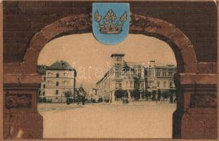 Brassó, Kronstadt, Brasov; Kapu utca. címeres litho keret / street view. coat of arms, Art Nouveau litho (EK)