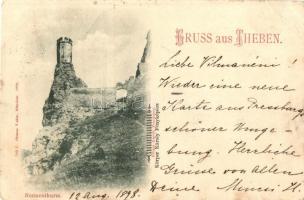 1898 Dévény, Theben a. d. Donau, Devín; várrom tornya. Körper Károly fényképész / Nonnenthurm / castle ruins, rower (Rb)
