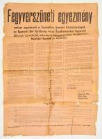 1945 Fegyverszüneti egyezmény, melyet a Szocialista Szovjet Köztársaságok [...] Magyarország Ideiglenes Nemzeti Kormánya kötöttek, nagyméretű hirdetmény, megviselt állapotban, ragasztásokkal, szakadásokkal, 75x55 cm