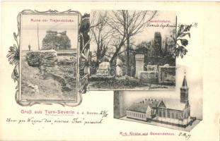 Turnu Severin, Szörényvár; Ruine der Trajansbrücke, Severinsturm, R.k. Kirche und Gemeindehaus / bridge ruins, tower, church and town hall. Art Nouveau, floral