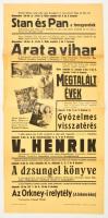 1942 Stan és Pan, Arat a vihar, Megtalált évek és egyéb filmek műsoros moziplakátja, hajtott, szakadással, 58x28 cm