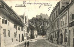 Segesvár, Schassburg, Sighisoara; Iskola utca, üzletek / Schulgasse / street, shops (EK)
