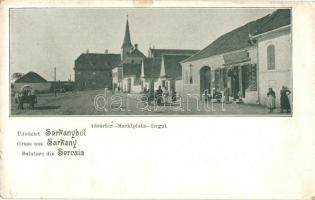 Sárkány, Schirkonyen, Sercaia;  Vásár tér, üzlet, templom / Marktplatz / Tirgul / market place, shop, church (apró szakadás / tiny tear)