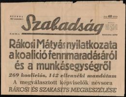 1947 A Szabadság Demokratikus Napilap III. évfolyamának 199. száma, címlapon Rákosi Mátyás nyilatkozatával