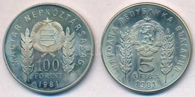 1981. 100Ft Cu-Ni + 5L Cu-Ni "Bulgária 1300 éves" magyar-bolgár közös kiadás, eredeti tokb...