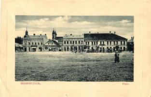 Szamosújvár, Gherla; Fő tér, üzletek, piac. W. L. Bp. 7033. / main square, shops, market (szakadás / tear)