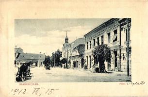 Szamosújvár, Gherla; Fő tér, Takarékpénztár, üzletek. W. L. Bp. 7037. Kapható Haragay Márton fűszeresnél / main square, shops (EK)