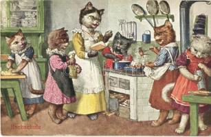 Kuchschule / Cat cooking class. T.S.N. Serie 1326. (6 Dess) unsigned Arthur Thiele (EK)