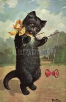 Cat playing with diabolo (Chinese yo-yo). T.S.N. Serie 947. (6 Dess) s: Arthur Thiele (EK)