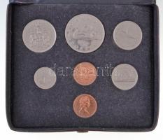 Kanada 1976. 1c (2x) + 5c + 10c + 25c + 50c + 1$ forgalmi sor eredeti, kissé sérült Royal Canadian Mint műbőr tokban T:1- fo. Canada 1976. 1 Cent (2x) + 5 Cents + 10 Cents + 25 Cents + 50 Cents + 1 Dollar coin set in original, damaged fax leather Royal Canadian Mint case C:AU spotted