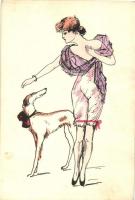 Gently erotic art postcard. Lady with Sighthound dog