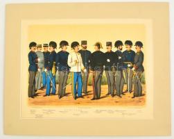 cca 1895 K.u.k. katonatisztek ruházata, kőnyomatos kép, paszpartuban, kiadja Moritz Perles, 30x40 cm