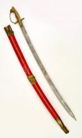 Indiai díszkard, maratott pengével, plüss hüvely borítással, réz markolattal, h:86 cm (91 cm)