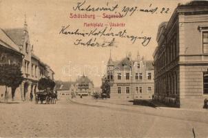 Segesvár, Schassburg, Sighisoara; Marktplatz / Vásár tér, H. Schullerus üzlete / market square, shops