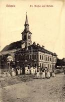 Segesvár, Schassburg, Sighisoara; Ev. Kirche und Schule / Evangélikus templom és iskola, folklór, népviselet. H. Zeidner No. 47. / church, school, Transylvanian folklore, traditional costume (EK)