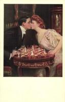 2 db RÉGI sakk motívumlap szerelmes párokkal / 2 pre-1945 chess motive postcards with love couples