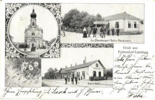 Pottendorf (Landegg), Kirche, Jos. Starnbergers Bahn-Restaurant, Bahnhof / Church, Starnberger's railway restaurant, inn, bicycle, railway station, railwaymen. floral Art Nouveau (fa)