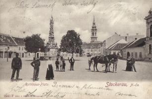 Stockerau, Rathaus Platz / town hall square, horses, gentlemen and ladies. Kéry & Hainisch (EK)