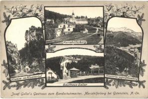 Mariahilfberg bei Gutenstein, Klamm im Klostertal, Mariahilferberg, Josef Gallers Gasthaus zum Handschuhmacher, Klostertal gegen Schneeberg. Verlag Jos. Galler / gorge, church, publishers inn, restaurant, valley. floral Art Nouveau (EK)